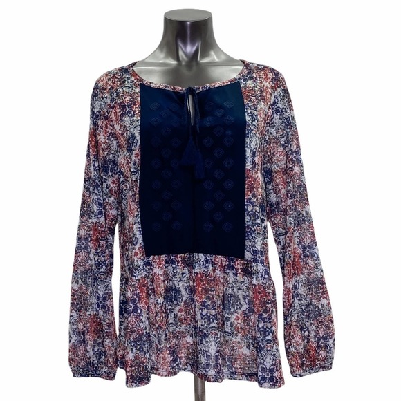 DEPT222 Floral Embroidered Tassel Tie L/S Blouse - Picture 1 of 12